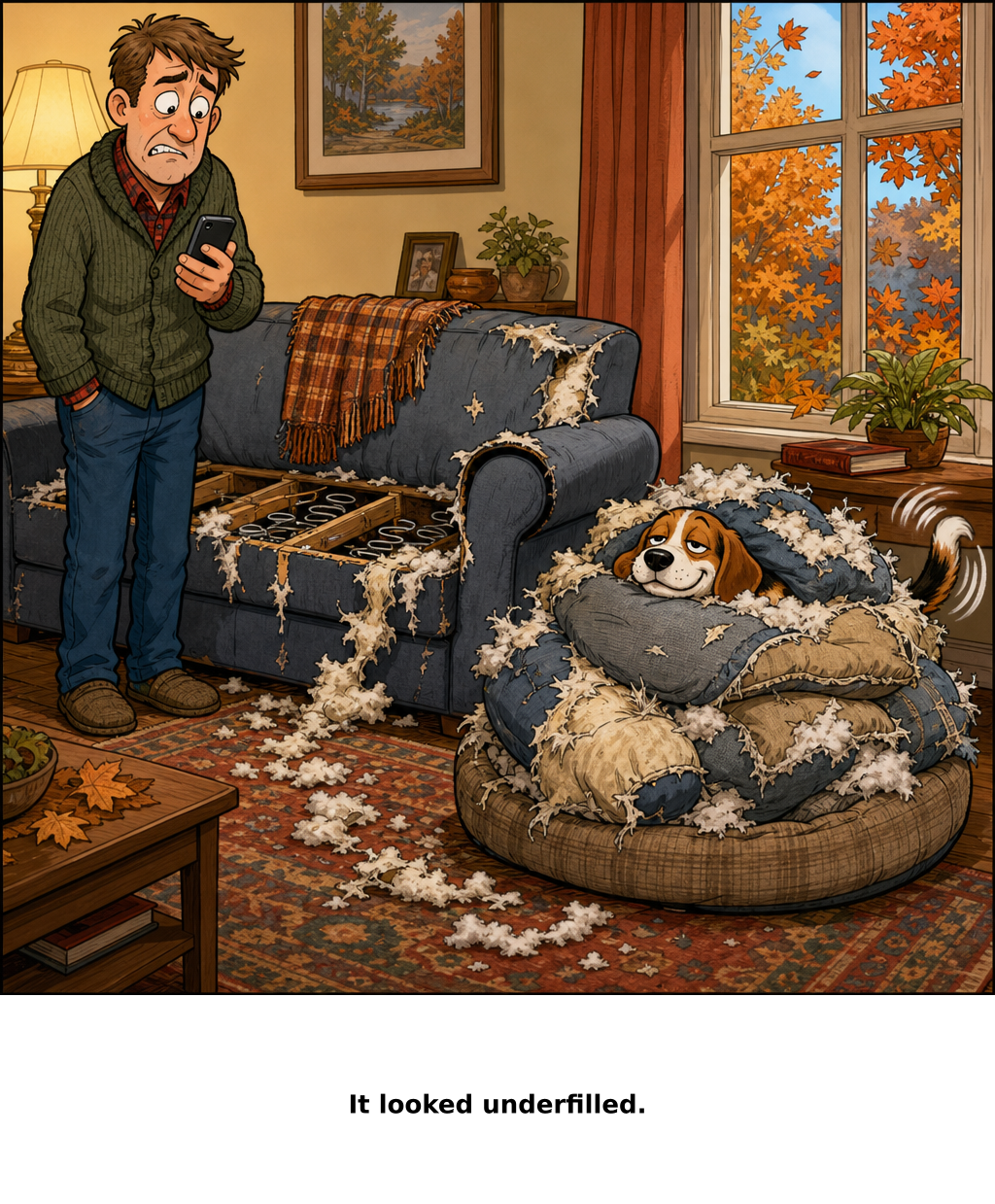 Daily Evil Beagle cartoon for October 17, 2026: The warranty conversation stalled when the missing cushion wagged.