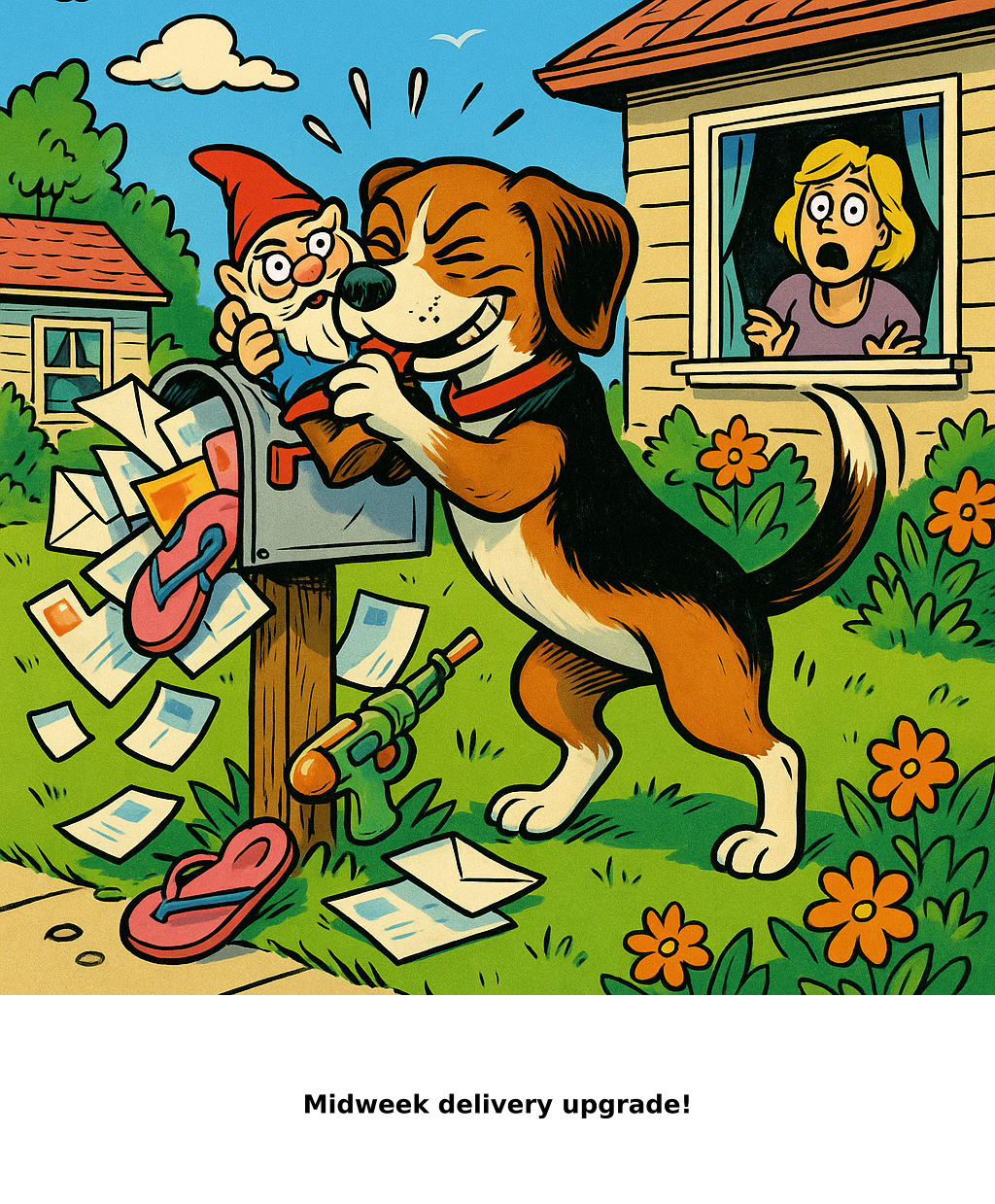 Daily Evil Beagle cartoon for June 10, 2026: Rufus thinks, "Midweek delivery upgrade!"
