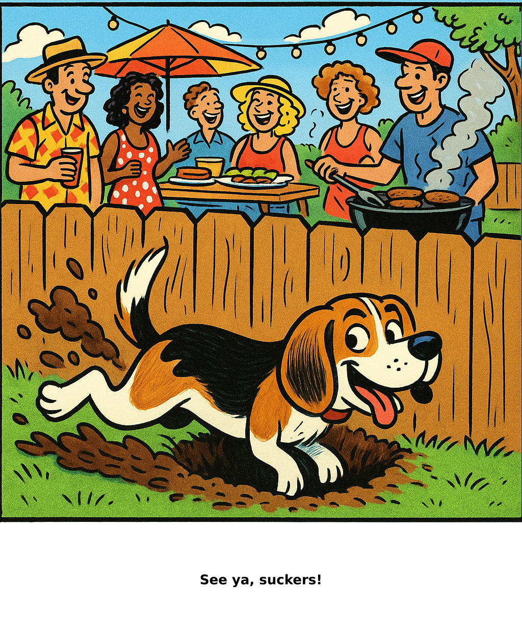 Daily Evil Beagle cartoon for July 24, 2026: Rufus thinks, "See ya, suckers!"