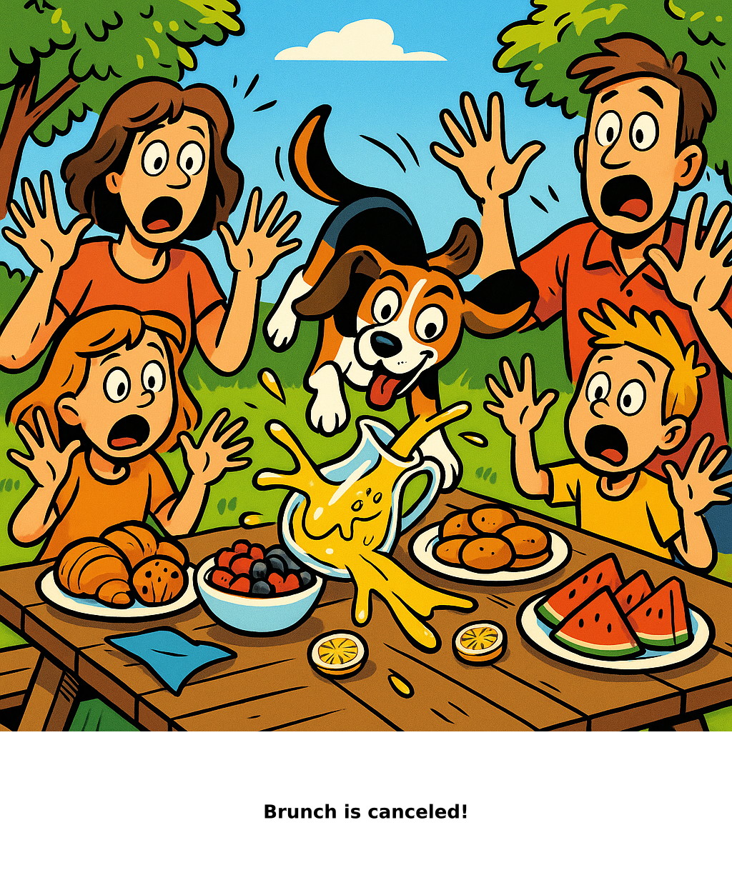 Daily Evil Beagle cartoon for August 16, 2026: Rufus thinks, "Brunch is canceled!"