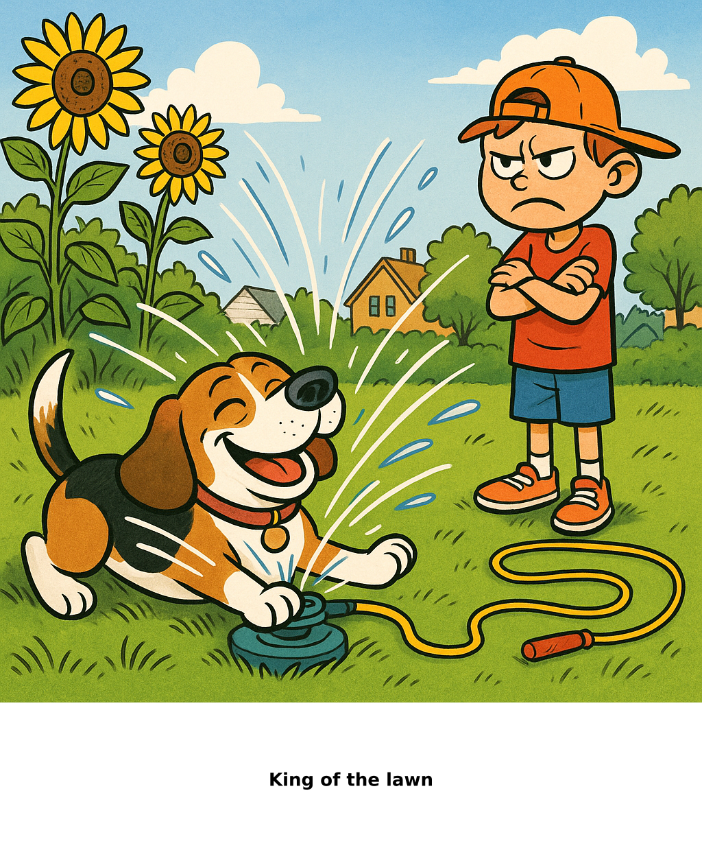 Daily Evil Beagle cartoon for August 4, 2026: Rufus thinks, "King of the lawn"