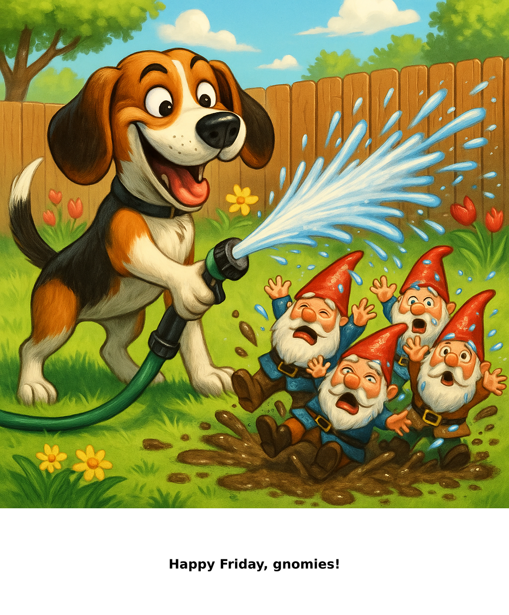 Daily Evil Beagle cartoon for May 22, 2026: Rufus says, "Happy Friday, gnomies!"