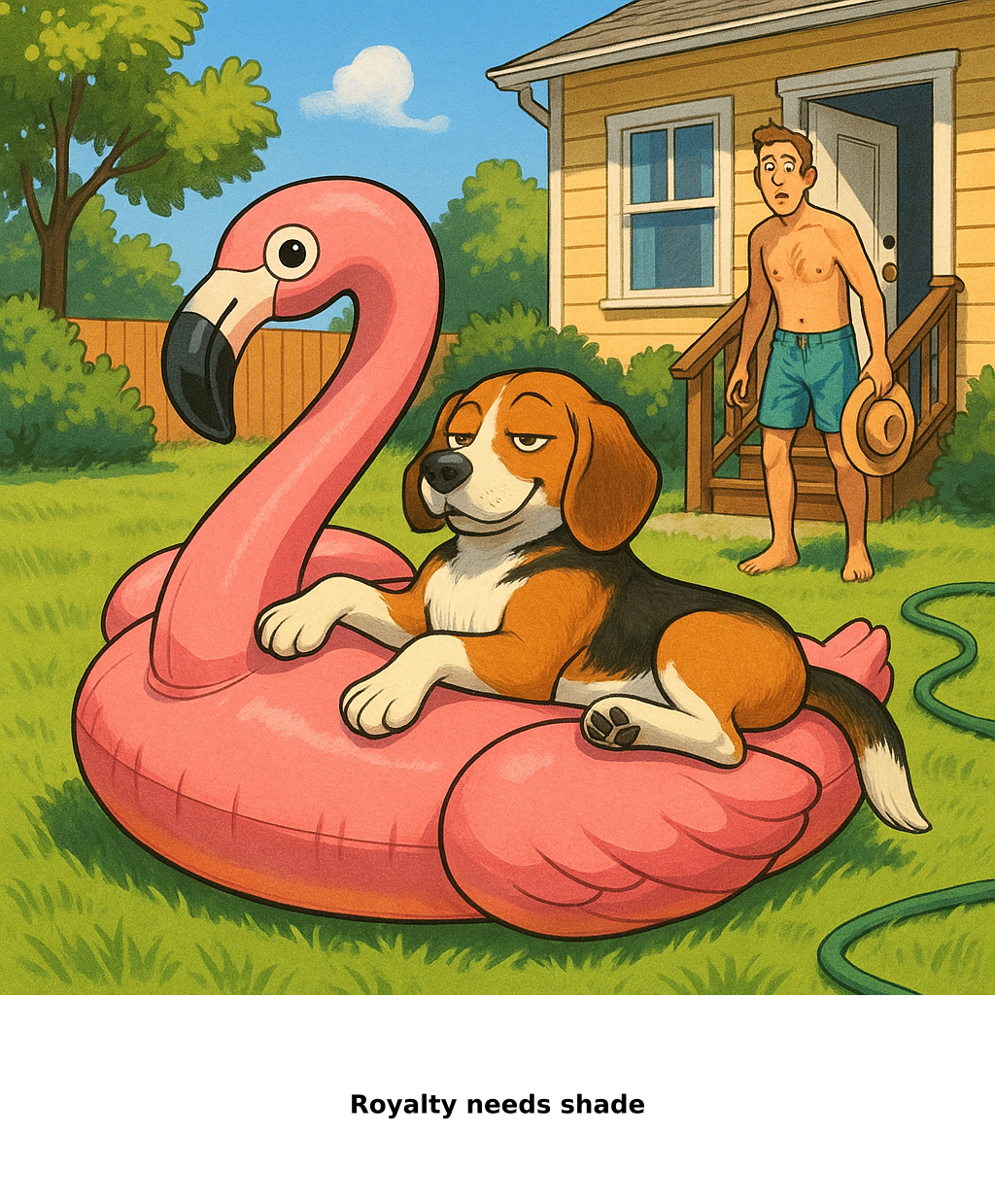 Daily Evil Beagle archive cartoon for August 23, 2026: Rufus thinks, "Royalty needs shade"