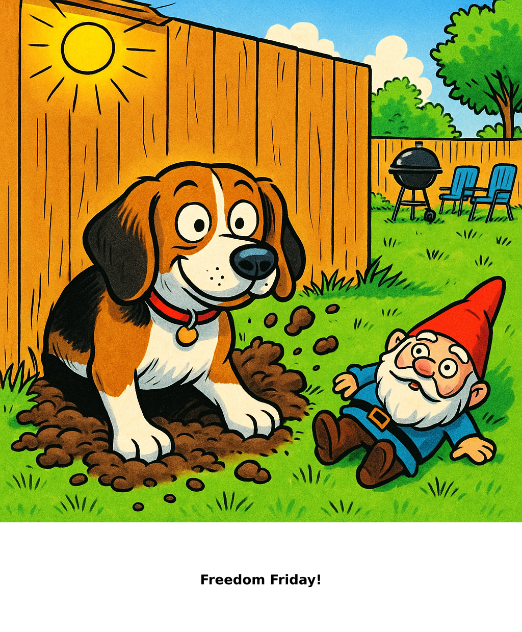 Daily Evil Beagle cartoon for August 7, 2026: Rufus thinks, "Freedom Friday!"