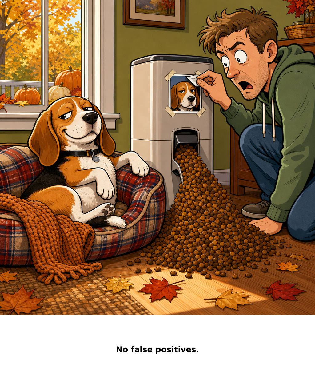 Daily Evil Beagle archive cartoon for September 12, 2026: I taught Rufus facial recognition. He taught it one face.