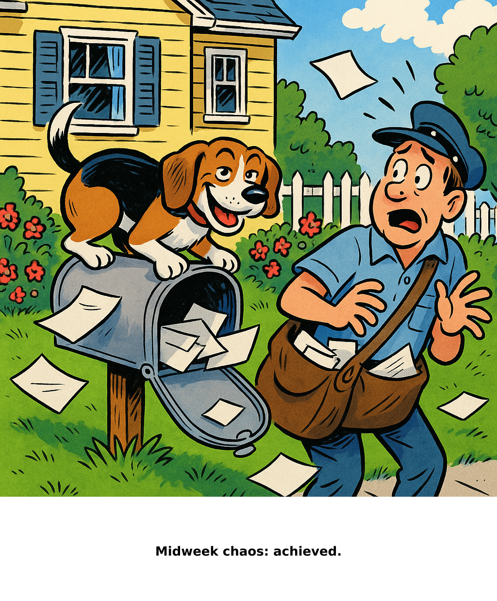 Daily Evil Beagle cartoon for June 3, 2026: Rufus thinks, "Midweek chaos: achieved."