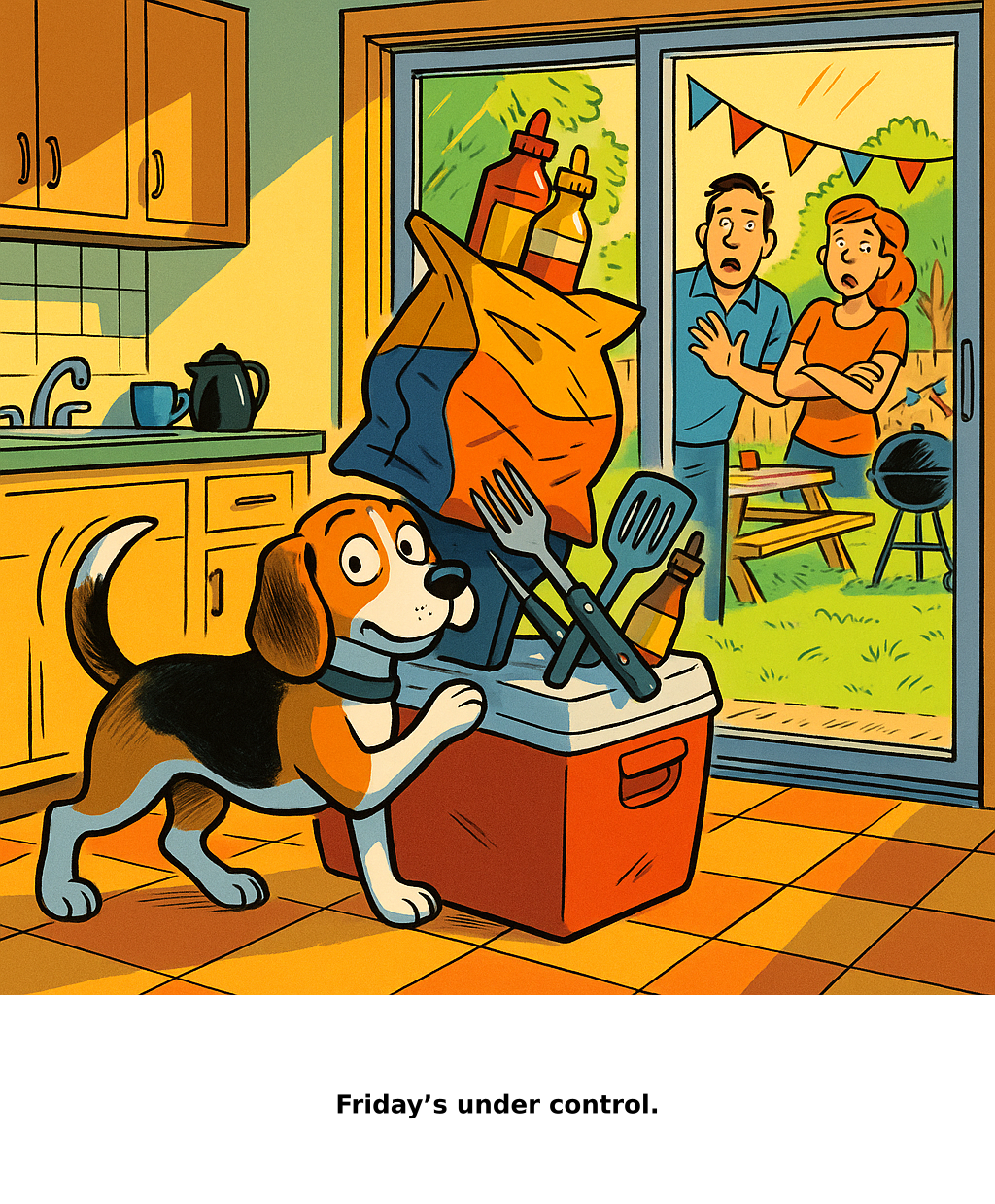 Daily Evil Beagle archive cartoon for June 19, 2026: Rufus thinks, "Friday’s under control."