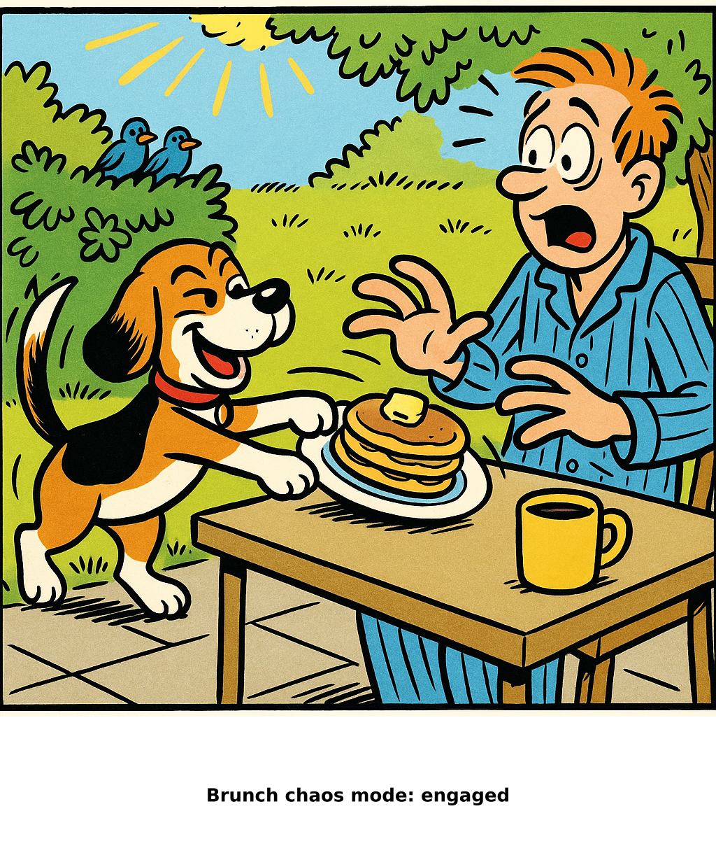 Daily Evil Beagle cartoon for May 24, 2026: Rufus thinks, "Brunch chaos mode: engaged"